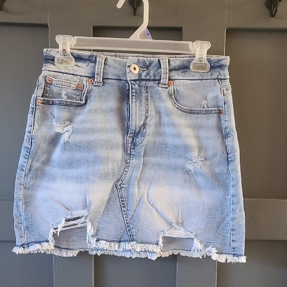 No Boundaries Light Blue Distressed Mini Skirt